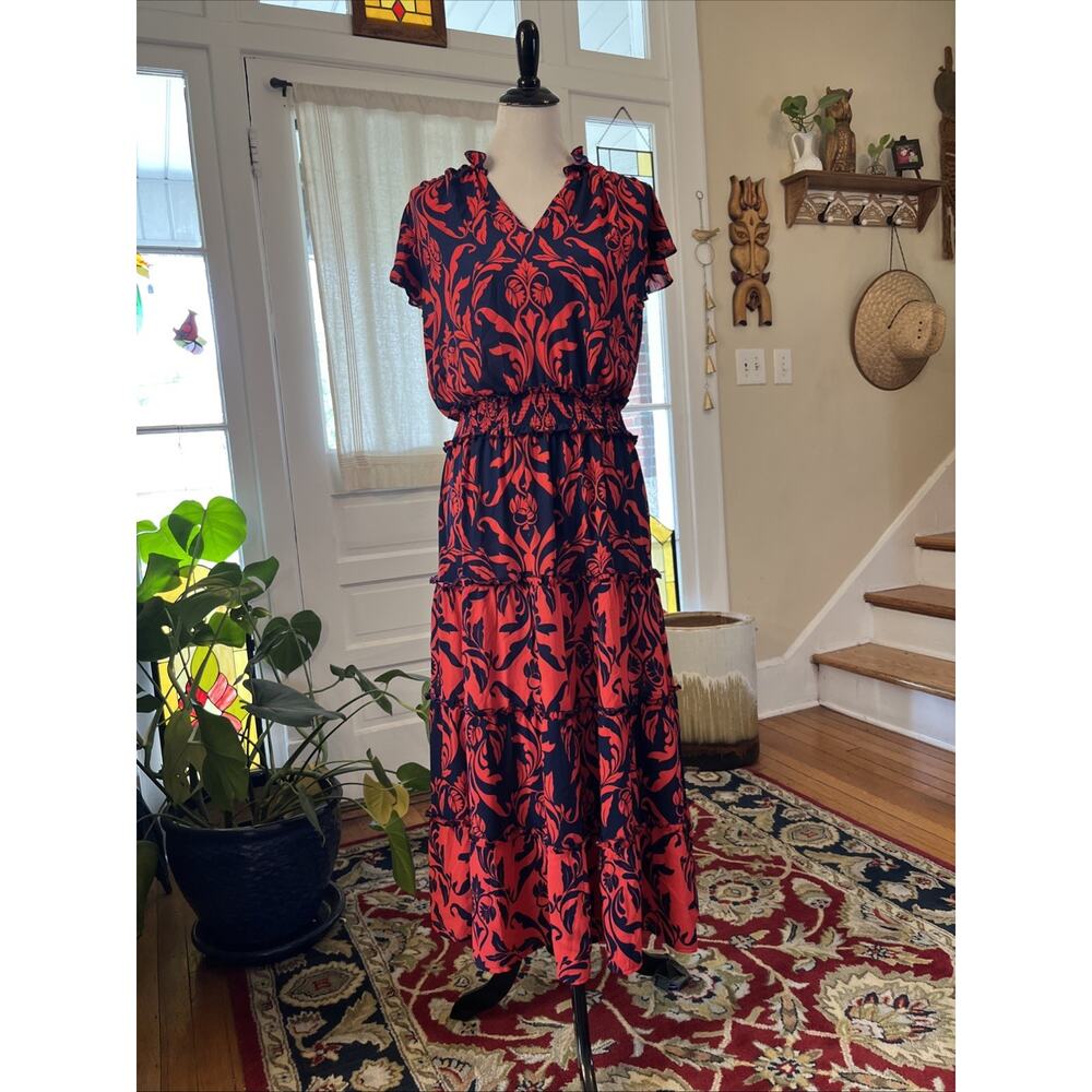 CHICOS Sz 0 Maxi Dress US 4 S Flutter Sleeve Smocked Waist Damask Floral Tier - Picture 5 of 11